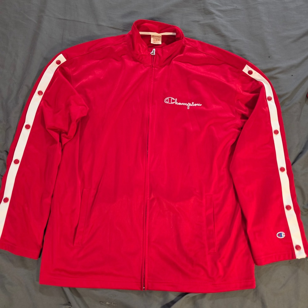 Champion Red White Stripe Snap Button Sleeve Track Jacket Full Zip Men XL 213046